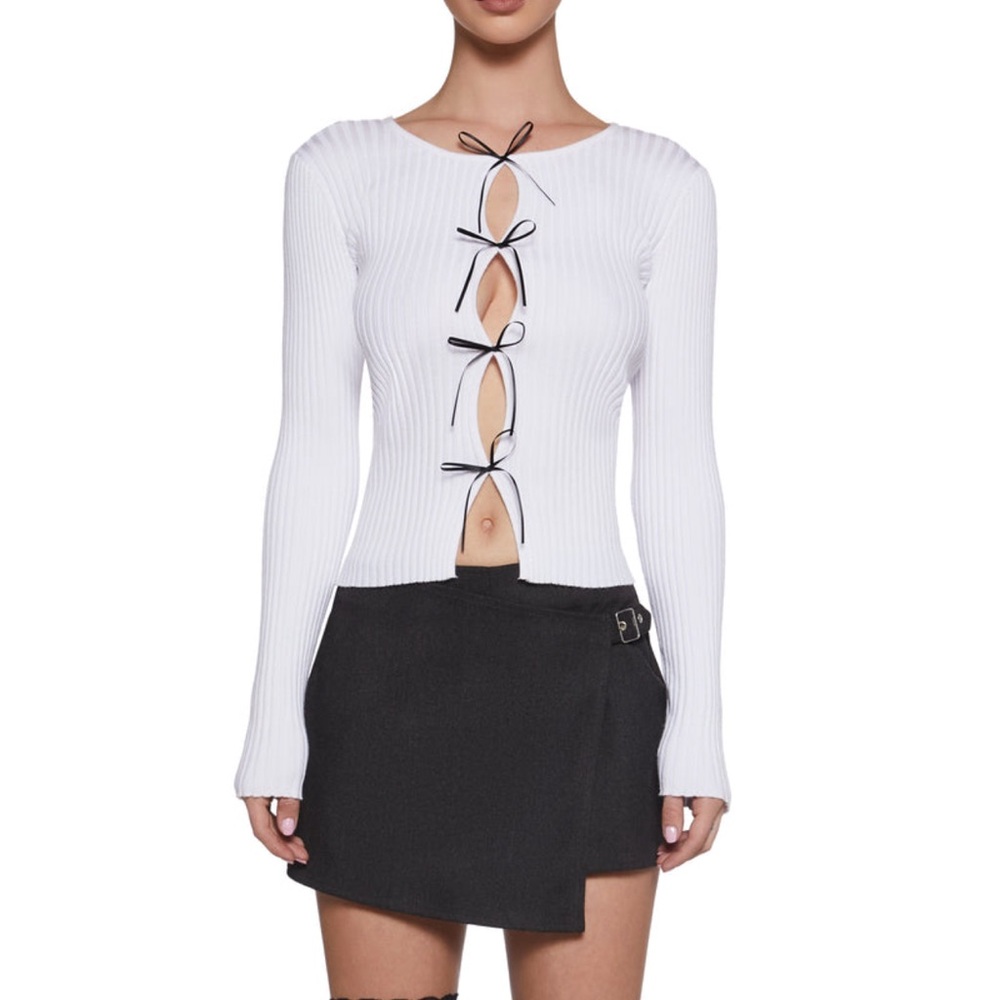Blue Blush White Long Sleeve Tie Front Bodysuit